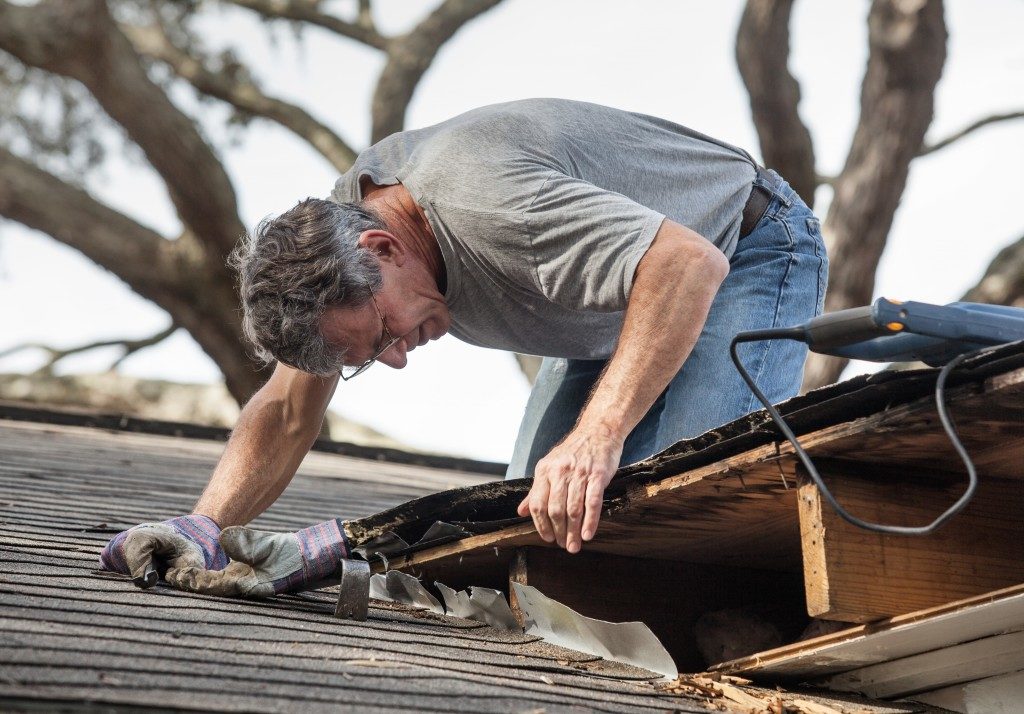 Worker repairing a roof