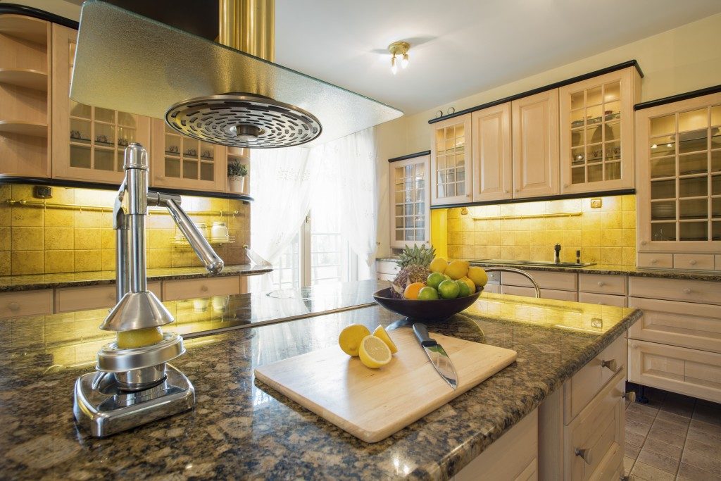 Granite counter top with chopping board and lemon