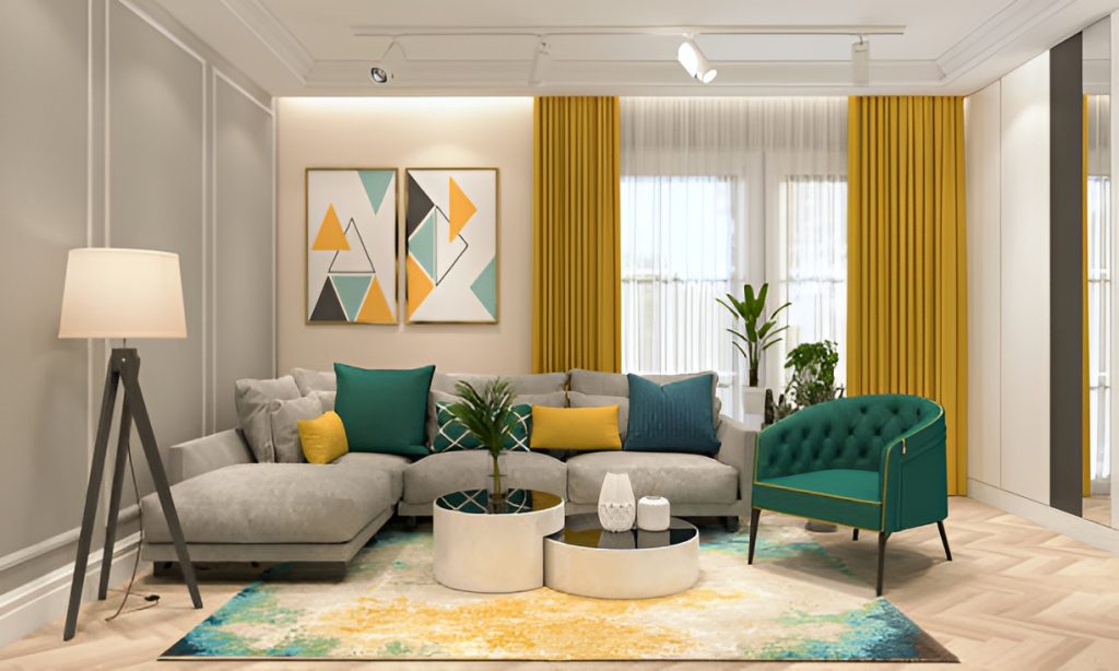 colorful living room with yellow and white curtains